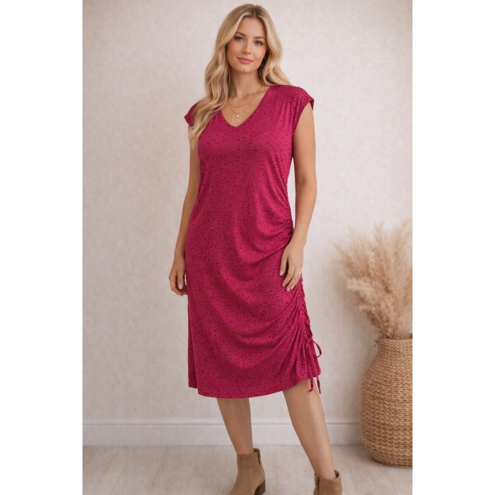 Toad&Co Boho Eco Cotton Modal Ruched Midi Dress Pink Leaf Print Women's M Chic